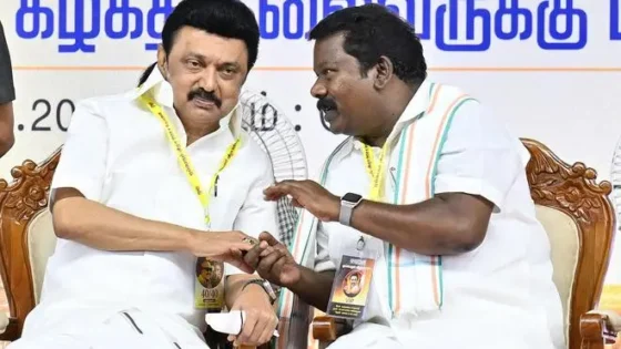 MK Stalin and Selvaperunthagai on stage