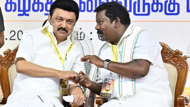 MK Stalin and Selvaperunthagai on stage